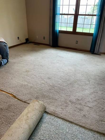 An empty room with tan walls and dark wood trim, its old beige carpet cut and rolled back off the floor beside a wide window with teal curtains.